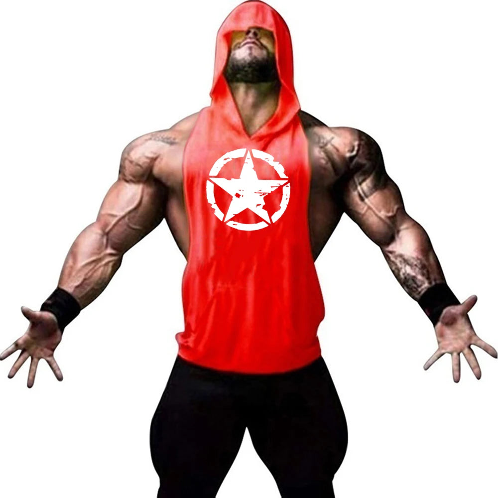 Fitness muscle vest sleeveless hooded men's summer gym sports hooded sweatshirt training sweat absorbing short sleeved vest