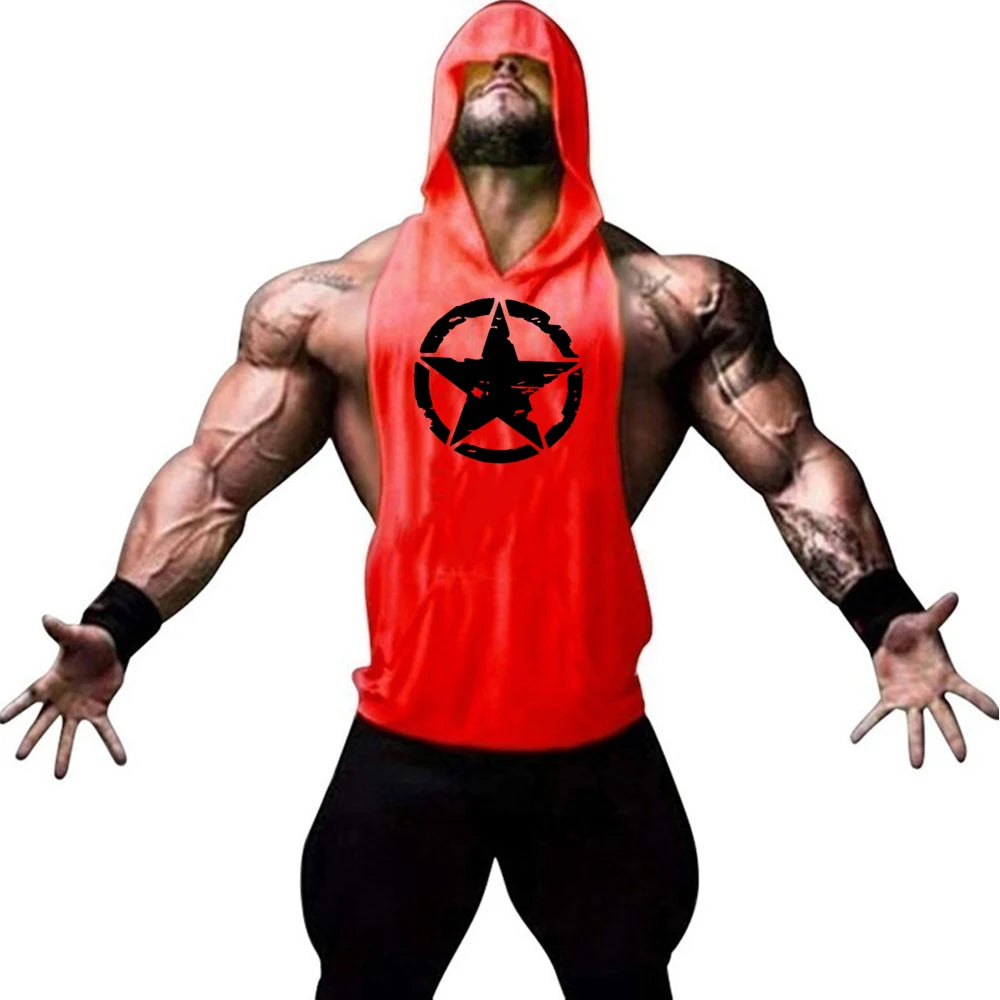 Fitness muscle vest sleeveless hooded men's summer gym sports hooded sweatshirt training sweat absorbing short sleeved vest