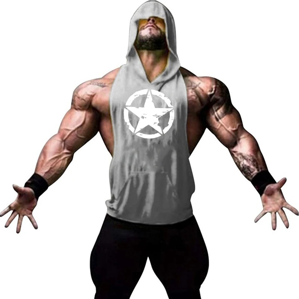 Fitness muscle vest sleeveless hooded men's summer gym sports hooded sweatshirt training sweat absorbing short sleeved vest