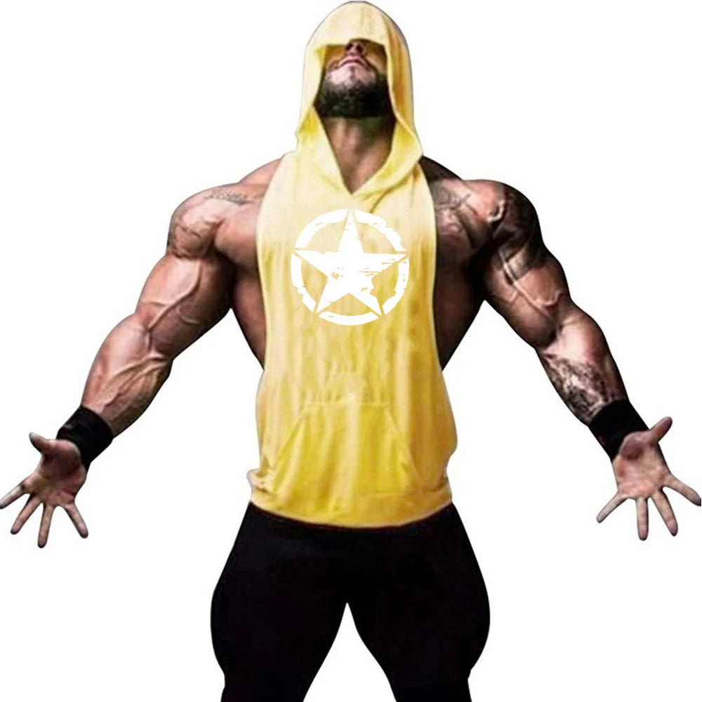 Fitness muscle vest sleeveless hooded men's summer gym sports hooded sweatshirt training sweat absorbing short sleeved vest