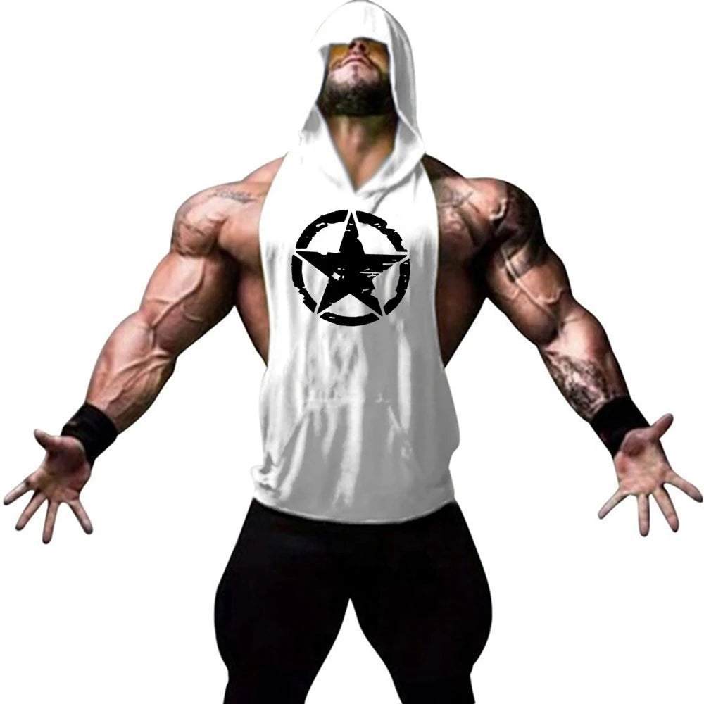 Fitness muscle vest sleeveless hooded men's summer gym sports hooded sweatshirt training sweat absorbing short sleeved vest