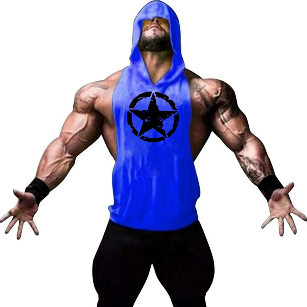 Fitness muscle vest sleeveless hooded men's summer gym sports hooded sweatshirt training sweat absorbing short sleeved vest