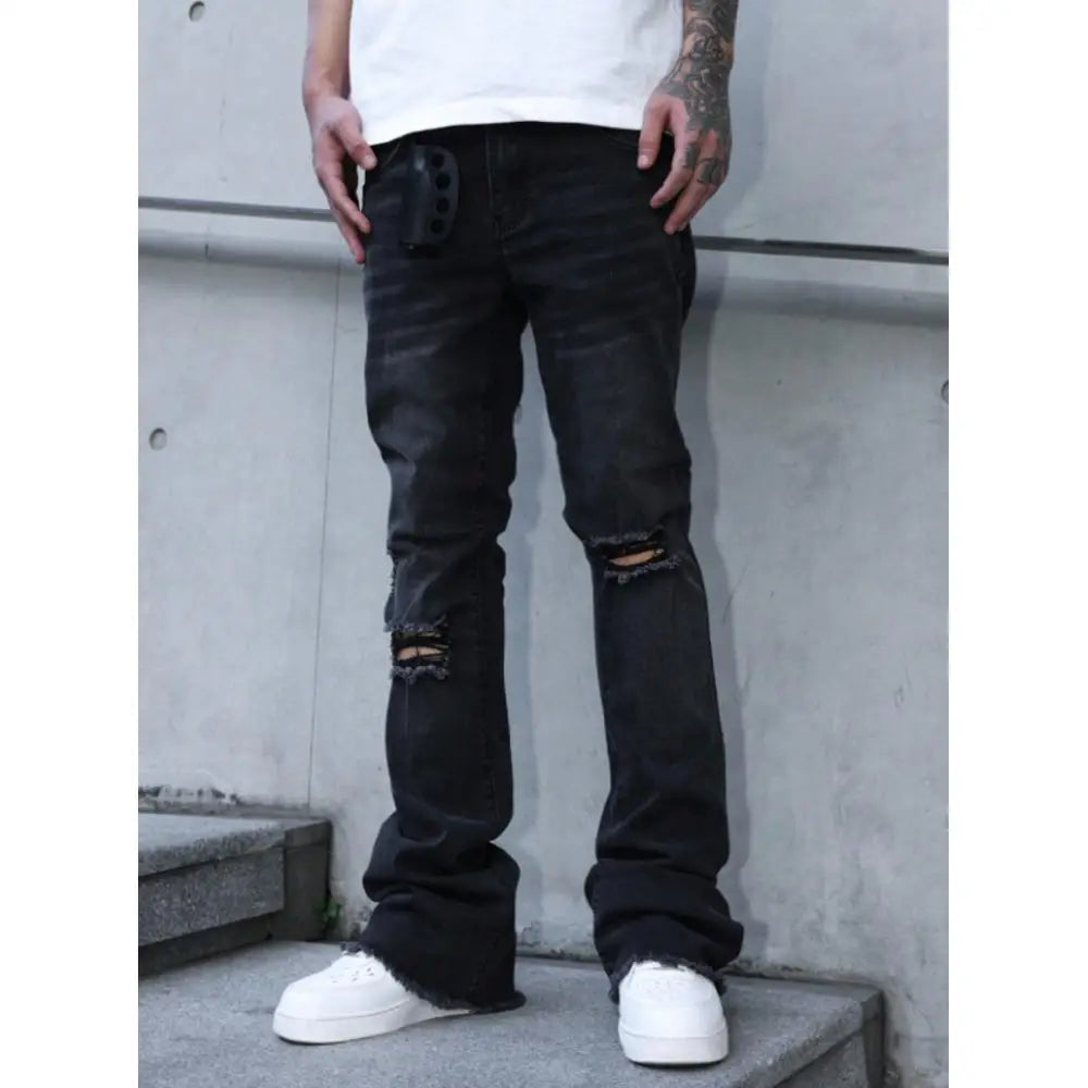 Men's American-style vintage ripped knee jeans, high-street straight-leg pants, slight flare jeans, suitable for all seasons
