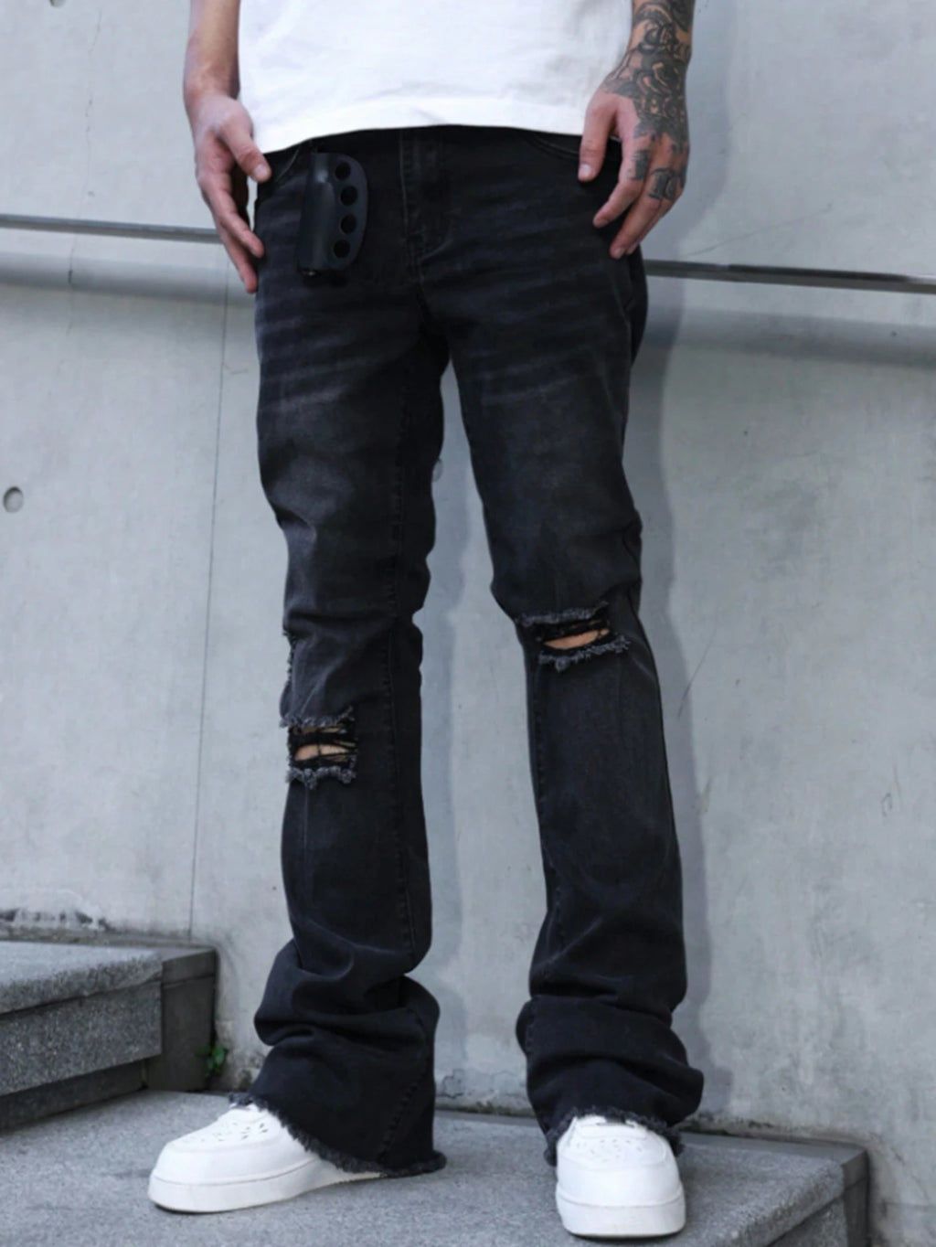 Men's American-style vintage ripped knee jeans, high-street straight-leg pants, slight flare jeans, suitable for all seasons