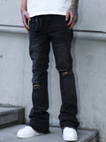 Men's American-style vintage ripped knee jeans, high-street straight-leg pants, slight flare jeans, suitable for all seasons