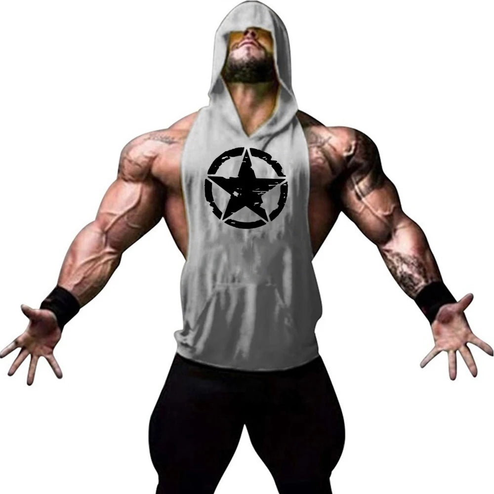 Fitness muscle vest sleeveless hooded men's summer gym sports hooded sweatshirt training sweat absorbing short sleeved vest