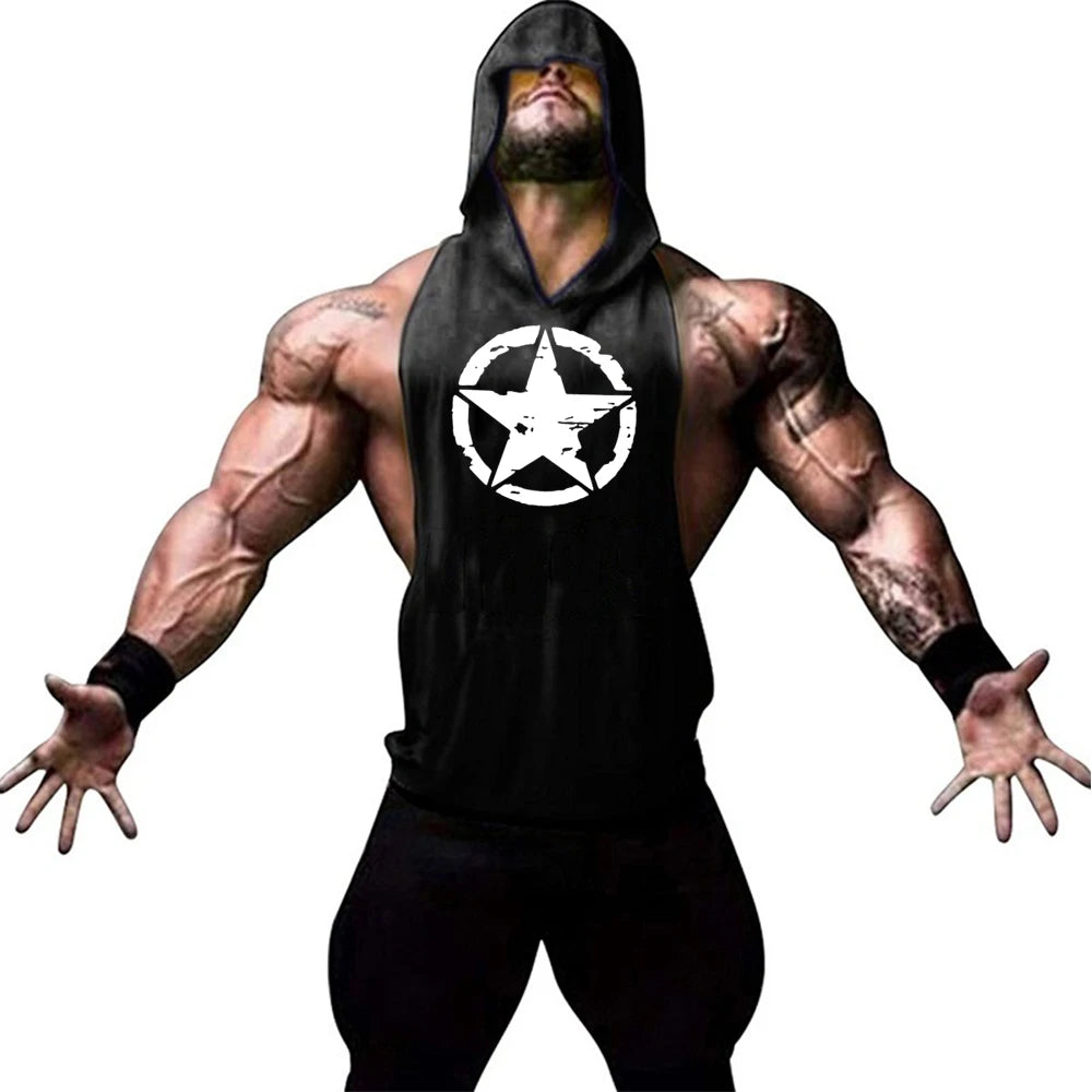Fitness muscle vest sleeveless hooded men's summer gym sports hooded sweatshirt training sweat absorbing short sleeved vest