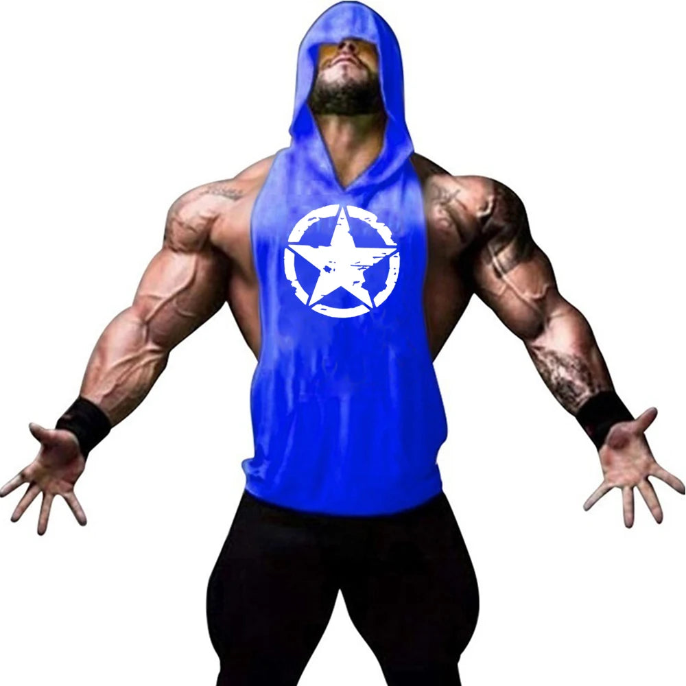 Fitness muscle vest sleeveless hooded men's summer gym sports hooded sweatshirt training sweat absorbing short sleeved vest
